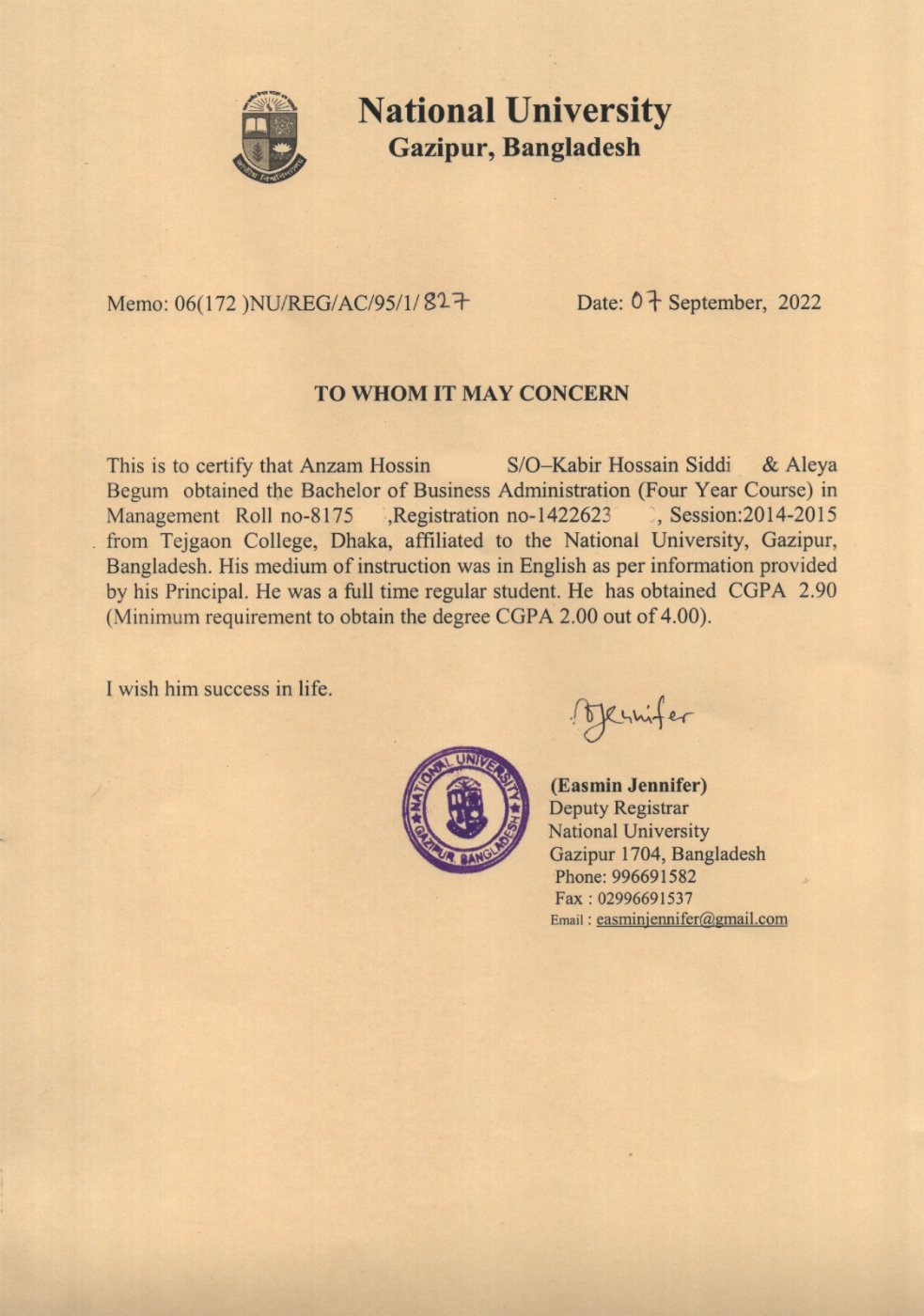 NU MOI Certificate (Sample)