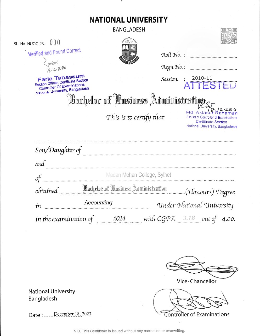 Verified & Attested (Sample) – হার্ডকপি
